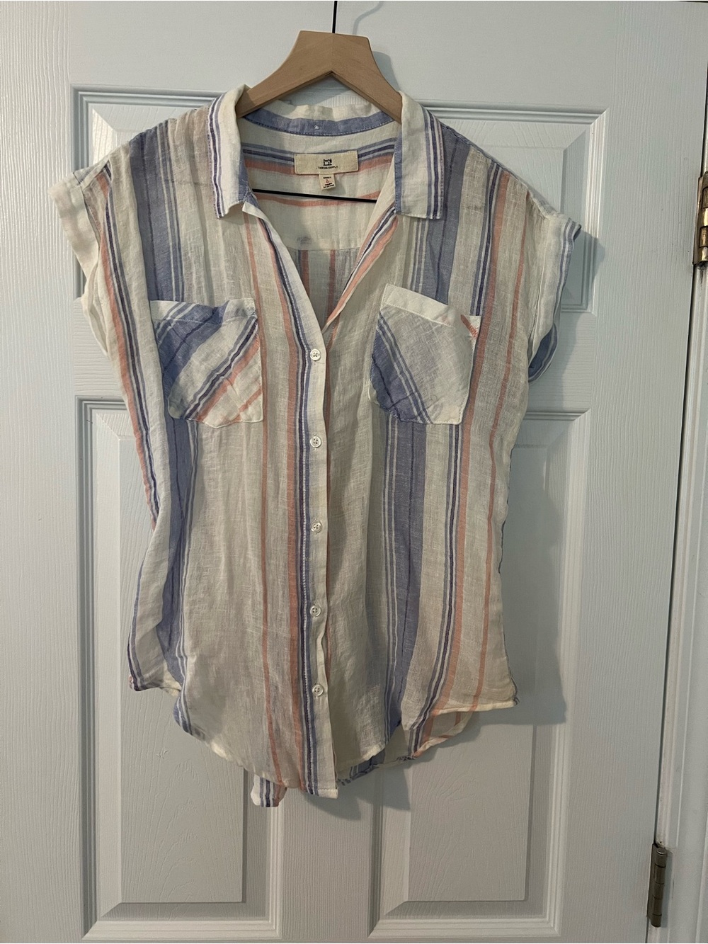 Linen/Cotton Striped Button-Up Shirt - White with Blue & pink Stripes